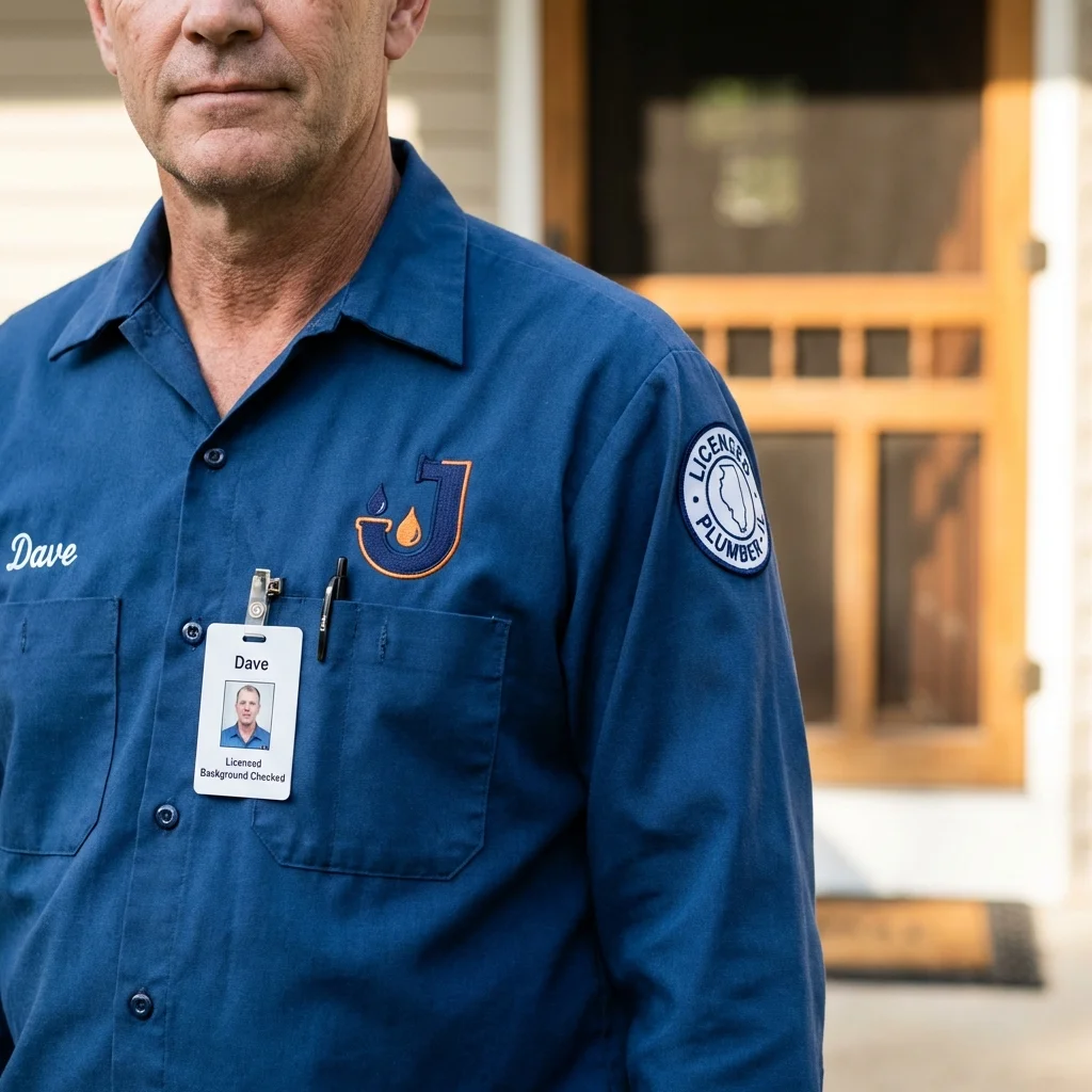 Licensed plumber showing ID badge in Grand Prairie, TX