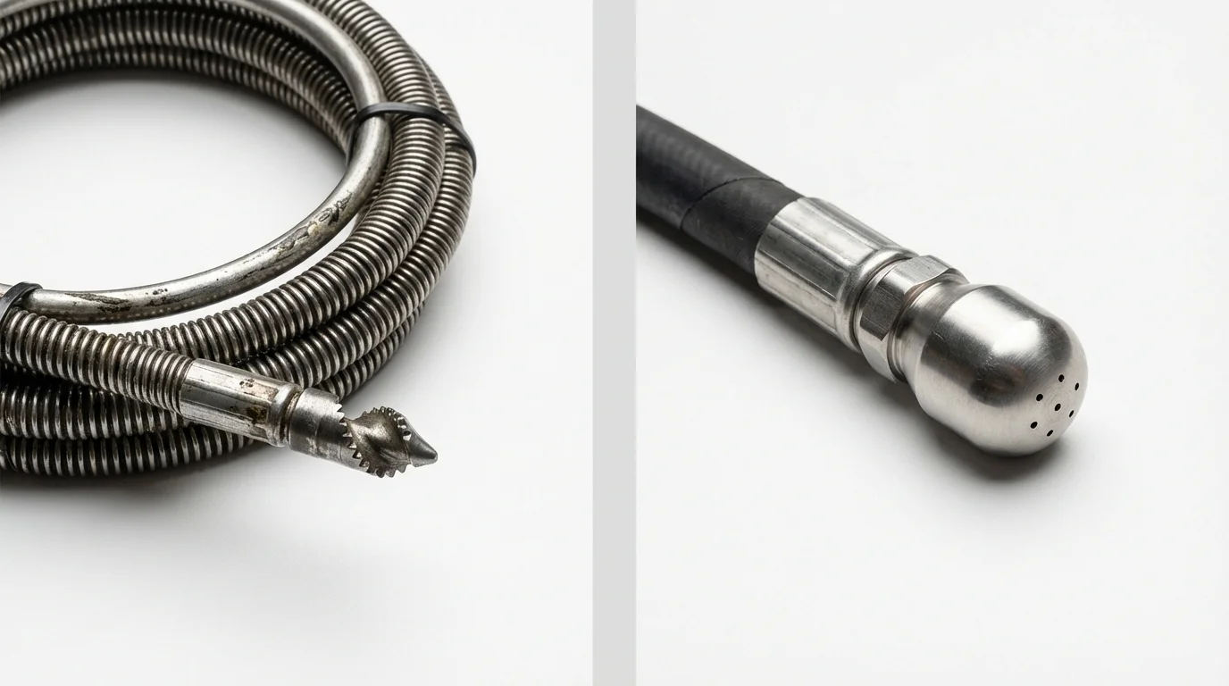 Drain snake cable and hydro jetting nozzle used for drain cleaning in Grand Prairie, TX