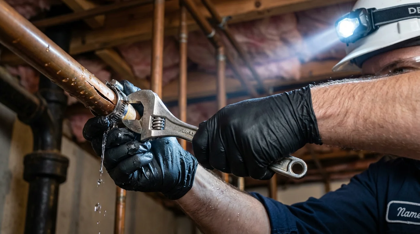 Emergency pipe clamp repair being performed by a Johns Plumbing LLC plumber in Grand Prairie