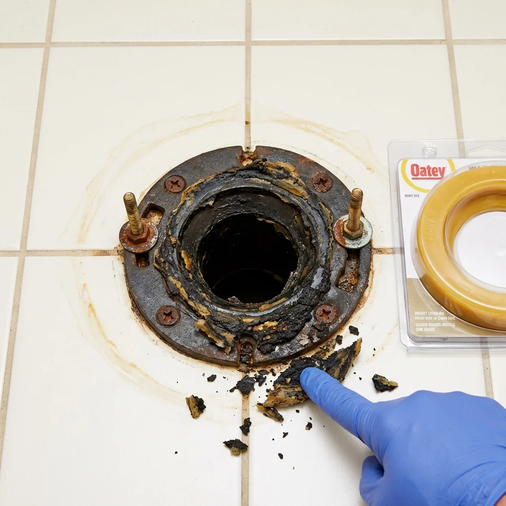 Failed wax ring showing water seepage at the base of a toilet in a Grand Prairie, TX home