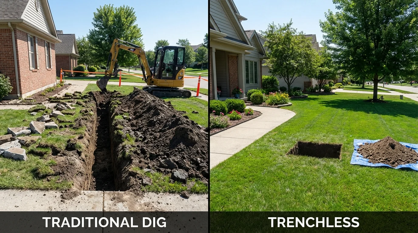 Trenchless sewer repair with minimal yard damage versus traditional excavation in Grand Prairie, TX