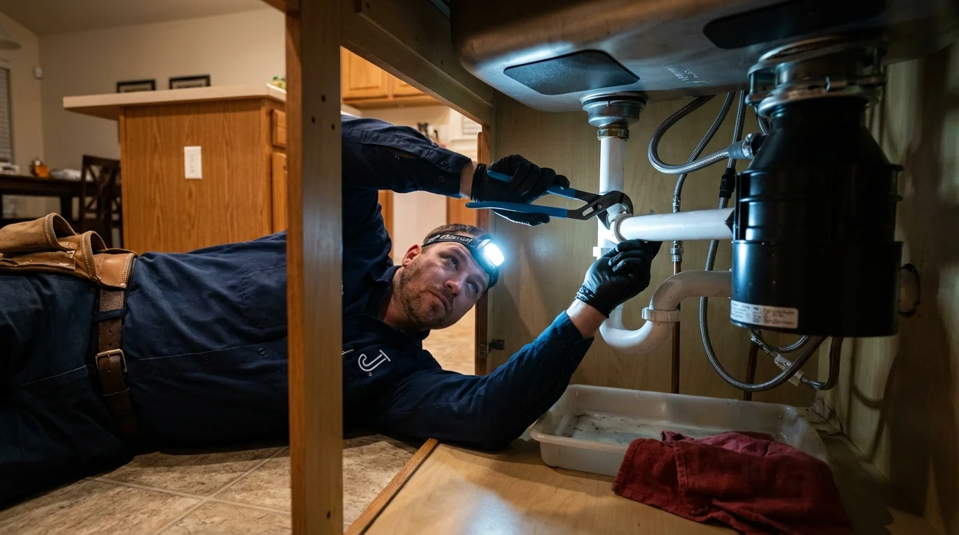 P-trap and supply line connections under a kitchen sink showing a common leak point in Grand Prairie, TX